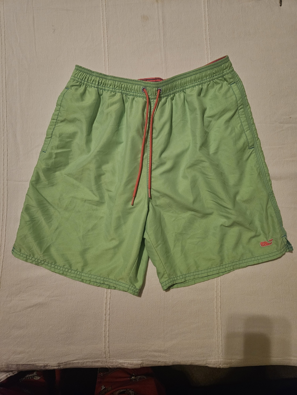 Vineyard Vines Men's Neon Green Swim Trunks with Coral Drawstring